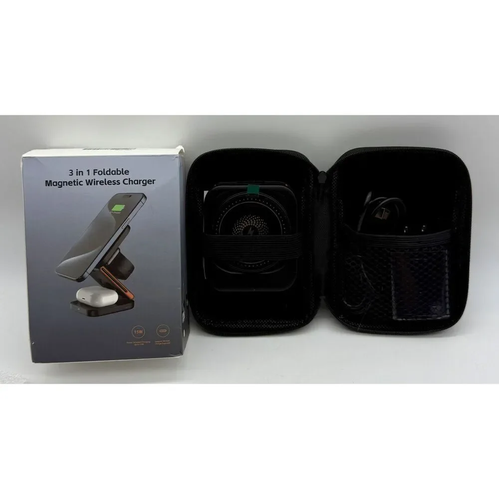 Foldable 3-in-1 Magnetic Wireless Charging Station‎ Black With Carrying Case